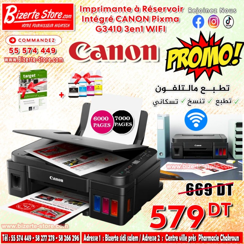 Imprimante à Réservoir Intégré CANON Pixma G3410 3en1 WIFI