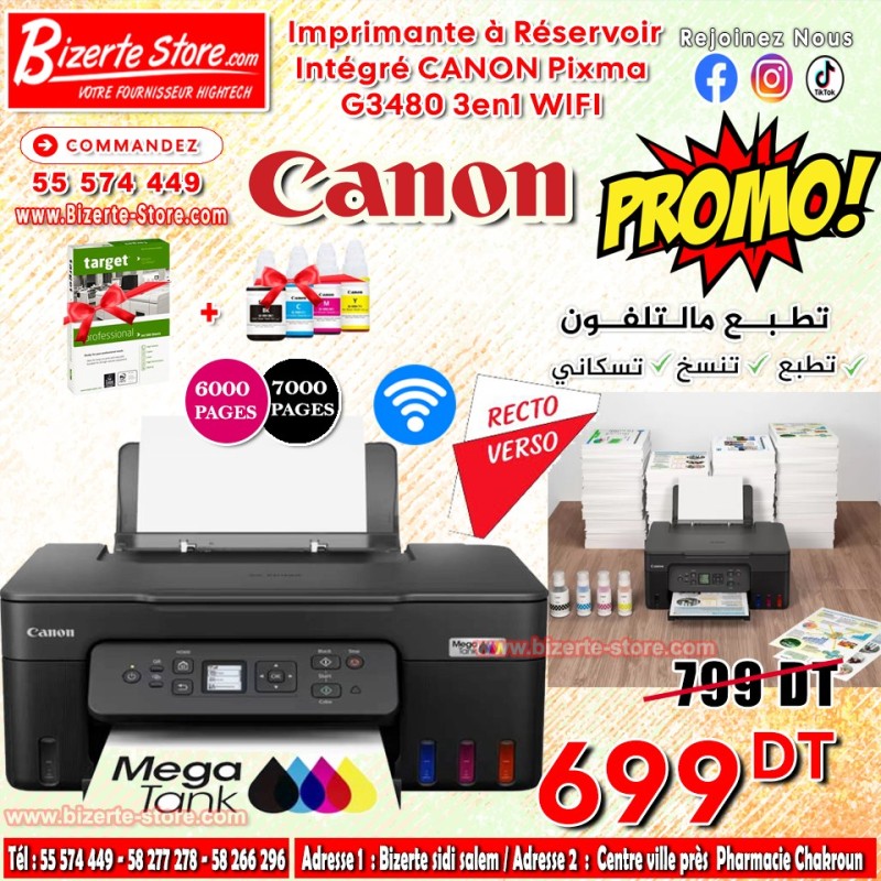 Imprimante à Réservoir Intégré CANON Pixma G3480 3en1 WIFI